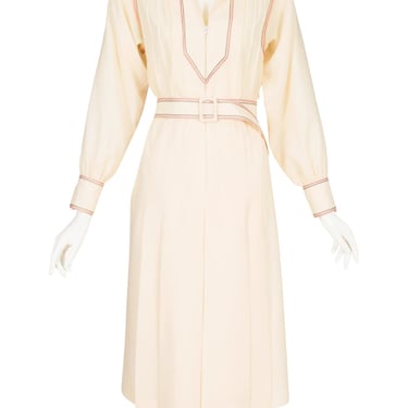 Ted Lapidus 1976-77 F/W Vintage Contrast Stitch Cream Wool Collared Dress Sz M 