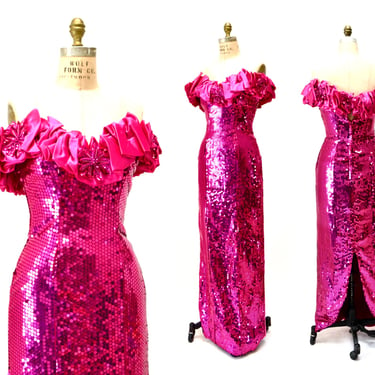 80s Metallic Pink Prom Dress Pink Sequin Dress Gown Small Medium Barbie 80s Pageant Costume// Vintage Pink 80s Princess Dress Alyce Design 