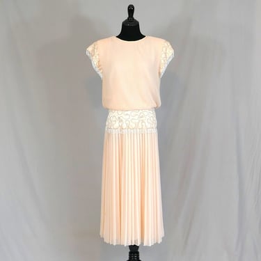 80s Pleated Party Dress - Miss Elliette - Peach-Pink w/ Silver Metallic Trim and Clear Bead Dangles - Vintage 1980s - L 