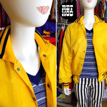 Cool Vintage 70s 80s Yellow Navy Stripe Baseball Bomber Jacket 