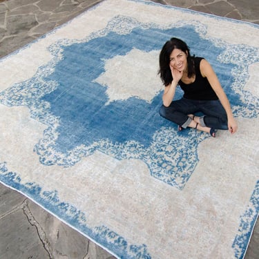 Vintage 10'8" x 11'10" Medallion Blue Square Hand-Knotted Low Pile Wool Distressed Rug - FREE DOMESTIC SHIPPING 