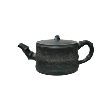 Vintage Chinese Gray Blue Round Shape Bamboo Theme Zisha Clay Teapot Art Display JK299E 