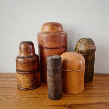 Wooden Cannister Set Patina Vintage Folk Handmade Apothecary Art Deco Machine Age 