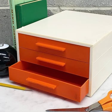 Vintage Storage Box Retro 1970s Contemporary + Orange and Cream + Plastic Frame + 3 Drawers + Home Office + Desk Organization + Mod Decor 