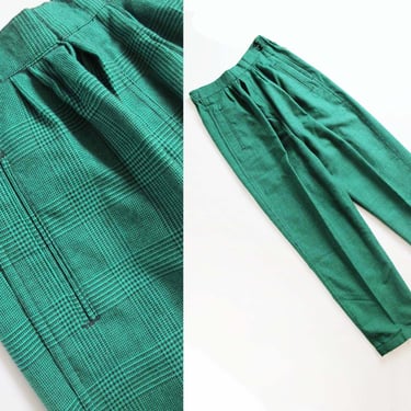 Vintage 90s Green Plaid Trouser Pants XS S - High Waist Pleated Front Womens Pants - Nerdy Prep Academia Pants - Tapered Leg 