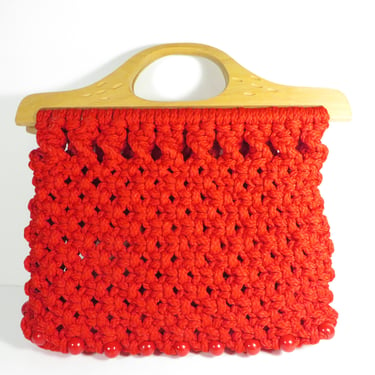 Vintage Red Macrame Red Bead Handbag - Boho Red Macrame Purse Handbag 