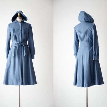 blue princess coat | 70s 80s vintage French blue wool dark academia cottagecore hooded belted robe coat 