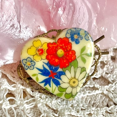 Heart Hair Clip, Vintage, Floral Lucite, Small Size, Accessories, Hair Ornament 