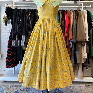 vintage 1940s yellow floral cotton fit and flare dress small rhinestones sailor 