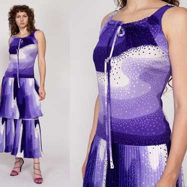 Medium 70s Purple Wavy Psychedelic Maxi Dress | Vintage Diolen Abstract Sleeveless Tiered Hostess Party Dress 