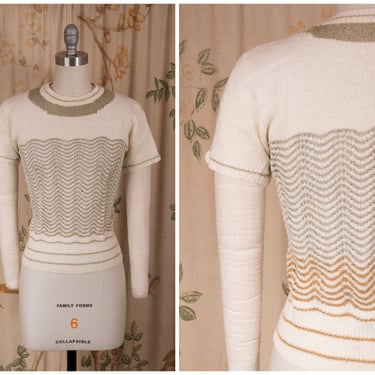 1940s Sweater - Vintage 40s Ivory and Metallic Homemade Knit Short Sleeved Top 