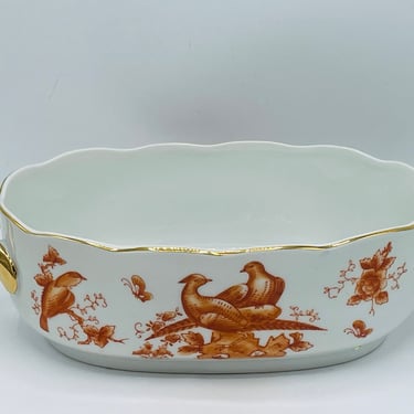 Vintage Hand Painted LJ Japan Porcelain Serving Bowl Birds Orange- Chip Free 