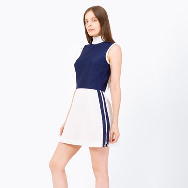 Vintage 70s Mod Ring Zipper Tennis Dress - Small | Preppy Sleeveless Sportsweaer Outfit, Retro Navy Blue White Striped Mini Dress 