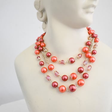 1960s Pink Faux Pearl and Chain Three Strand Necklace 