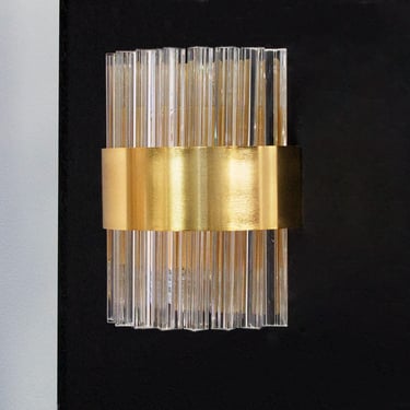 Wall sconce with triedri Murano glass Made in Italy clear color and brass finish,  design lighting mid-century style 