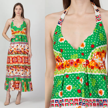 60s 70s Floral Maxi Halter Sundress - Small | Vintage Miss Pat Boho Flower Power Dress 