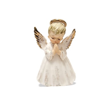 1950s Vintage Lefton Praying Angel Planter, Porcelain Cherub Figurine, Christmas Holiday Decor, Hand Painted Gold Detail Angel Wings 