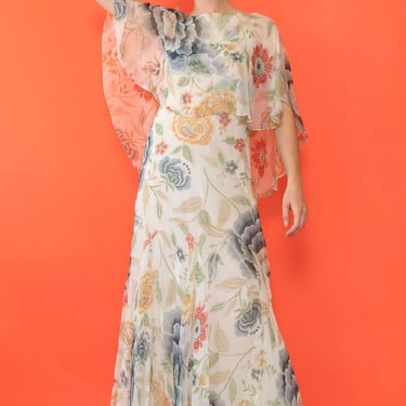 Ethereal Floral Chiffon Caped Dress S