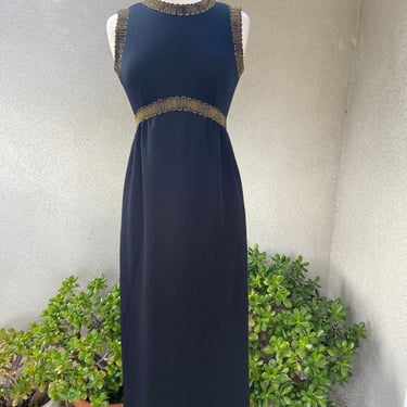 Vintage Leslie Fay Knits maxi dress black polyester with gold braid trim Size XS 
