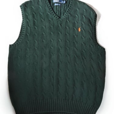 POLO Ralph Lauren Dark Green 100% PIMA COTTON Sweater Vest , Men's Large, Preppy, Dark Academia, Pullover Cable Knit, Forest green 