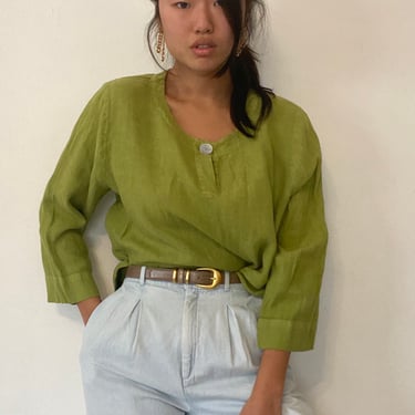90s linen tunic blouse / vintage Hot Cotton apple green oversized woven linen crewneck henley tunic blouse chore smock shirt  | Large 
