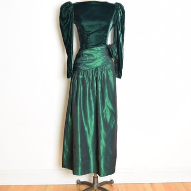 vintage 80s prom dress forest green velvet taffeta puff long cocktail party M clothing 