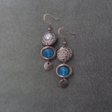 Mid century modern teal blue frosted glass and copper earrings 