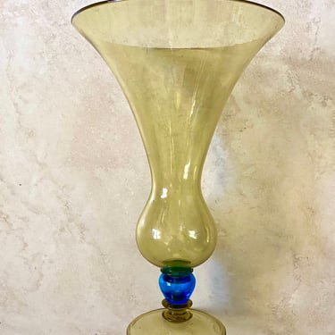 Steuben Amber Transparent Art Glass Vase Handblown Studio Art Glass Psychedelic Teal Blue Ball, Clear Base 