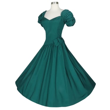 Vintage 80s Green Taffeta Bow Puff Sleeve Full Skirt Prom Party Dress S Small Ruched Womens Bridesmaid Costume Formal Dance Queen Teal 