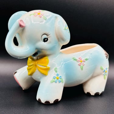 Rare Inarco Made in Japan Floral Blue Kitsh Elephant Planter by LeChalet