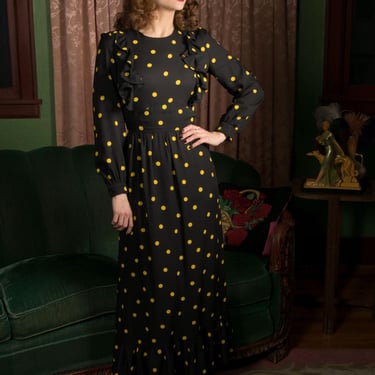 1960s Dress - Late 60s Maxi Length Crepe Dress in Black with Bold Yellow Pockets and Ruffled Bodice. 