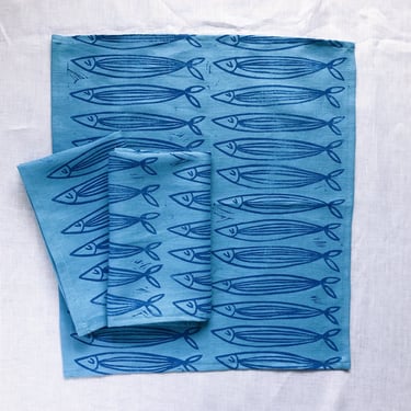 hand block printed linen napkin set. sardines on blue. placemats / tea towels. boho beach house decor. fish pattern. coastal. blue. hostess. 