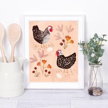 Chickens 8 X 10 Art Print, Farm Animal Illustration, Modern Farmhouse Wall Decor, Hens and Flowers Wall Art 