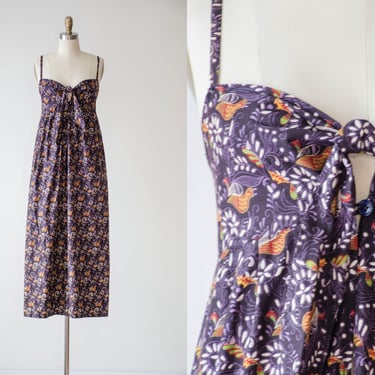 purple maxi dress | 70s vintage Christian Aujard Paris designer floral bird pattern spaghetti strap bandeau dress 