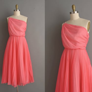 vintage 1960s Dress | Gorgeous Fluttery Chiffon Asymmetrical Pink Party Dress | Medium 