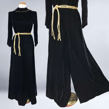 VINTAGE 60s Black Rayon Velvet Palazzo Pants Jumpsuit by Barsarobe | 1960s Gothic Wide Leg Loungewear | Pantsuit & Gold Braided Belt | VFG 
