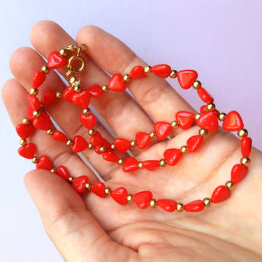 Super Cute Vintage 80s Red Hearts Beaded Necklace 
