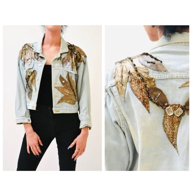 80s Vintage Denim Jacket Leather Rhinestone Medium // 90s 80s  Glam Denim Jean Jacket Womens Beaded Flower Leather Jean Jacket Art to Wear 