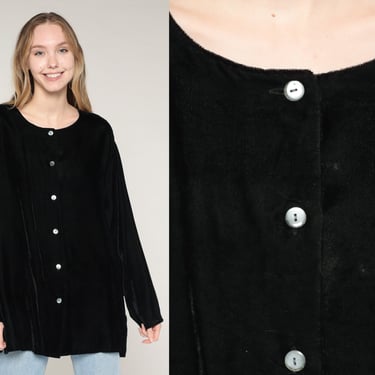 Black Velvet Shirt 90s Button up Blouse Long Sleeve Top Gothic Basic Simple Plain Chic Formal Glam Party Goth Vintage 1990s Sostanza Large L 