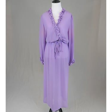 70s Semi Sheer Purple Dress - Ruffle Trim - Vintage 1970s - M L 