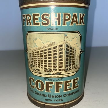 Freshpak Brand Coffee Tin Litho Label The Grand Union Company New York, Vinatge collectible tins, coffee can, vintage kitchen decor 
