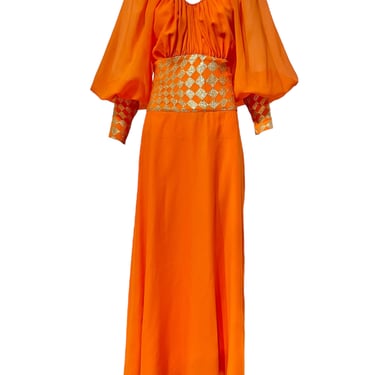 Christian Dior Boutique S/S 1968 Byzantine Orange and Gold Lamé Bohemian Gown