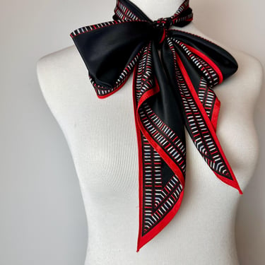 60’s vintage All Silk Vera scarf~ black red & white print~ hand rolled long thin skinny scarves neck tie pussycat bow 