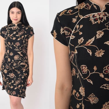 Asian Style Dress 90s Black Floral Mini Dress Gold Red Flower Print Party Boho Cheongsam Mandarin Collar Cocktail Sheath Vintage 1990s Small 