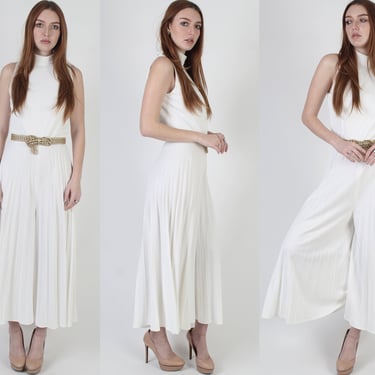 Plain 70s Disco Grecian Jumpsuit, White Pleated Palazzo Pants, Wide Leg Bellbottom Bridal Party Playsuit 