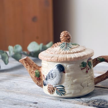 Bird teapot /  thatched birch pinecone holiday teapot / bluejay woodland small creamer / bird gift / bird lover / vintage tea pot 