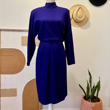St. John Vintage 90s Purple Silk Knit High Neck Long Sleeve Dress USA Made 14 