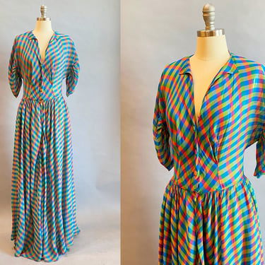 1940's Evening Dress / 1940s Plaid Dress / 1940s Rayon Dress / 40's Maxi / 1940's Hostess Gown / Medium 