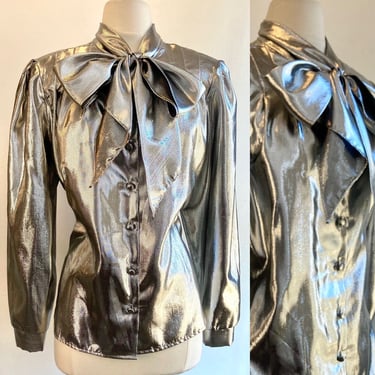 Vintage 80s SILVER LIQUID LAME Blouse / Pussy Bow + Covered Buttons / John's Girl Collectibles 