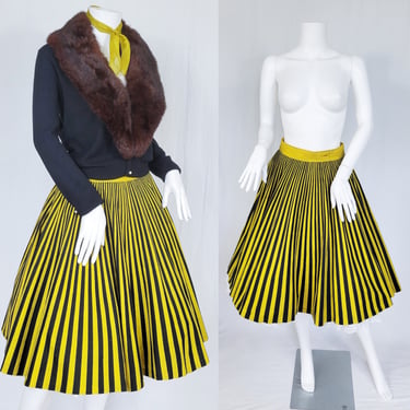 1950's Chartreuse Black Striped Mexican Cotton Circle Skirt I Sz Med I Lavable 